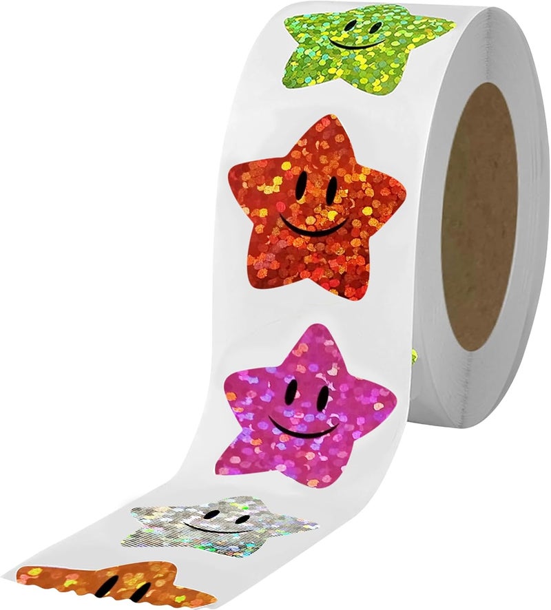 XITDW 700Pcs Smiley Face Star Stickers for Kids Reward,1inch 8 Colored Sparkly Foil Star Stickers for Student Planner and School Classroom Teacher Supplies 3.15inch in Diameter per roll(8cm) - Image 1